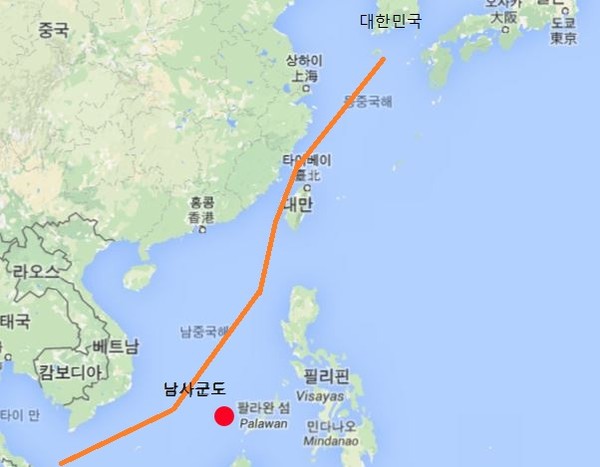▲ 남사군도 인근을 지나야하는 대한민국 주요 원유수송로(주황색 굵은 선). ⓒ뉴데일리