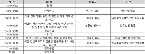 ▲ 해외건설협회는 오는 24일 이란 건설시장 진출 전략 세미나를 주최한다. 표는 세미나 프로그램 안내.