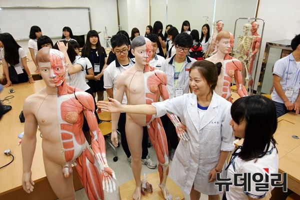 ▲ 참가학생들이 간호대 실습실에서 인체근육모형의 혈관 및 근육 구조를 살펴보고 있다.ⓒ계명대 제공