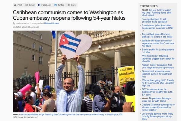 ▲ 세계 주요 외신들은 미국과 쿠바 간의 국교 정상화와 대사관 재개설 소식을 비중있게 다뤘다. ⓒ호주 ABC 보도화면 캡쳐