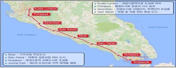 ▲ 지도에 말레이시아-싱가포르 고속철도와 철도역들이 표현돼 있다.ⓒ한국철도시설공사