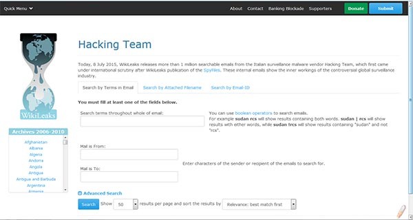 ▲ 위키리크스는 이탈리아 '해킹팀'의 기밀자료를 다운로드가 아니라 검색해 볼 수 있도록 했다. ⓒ위키리크스 캡쳐