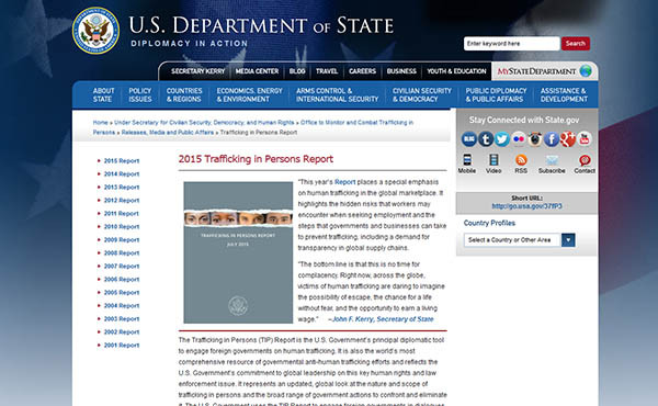 美국무부는 27일 '세계 인신매매 실태보고서'를 공개했다. ⓒ美국무부 TIP 홈페이지 캡쳐