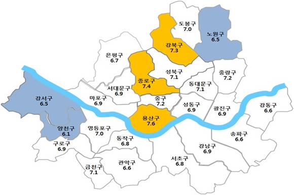 ▲ 올해 2분기 서울 25개 자치구 반전세주택의 전월세전환률이 지도에 나타나 있다.ⓒ서울시