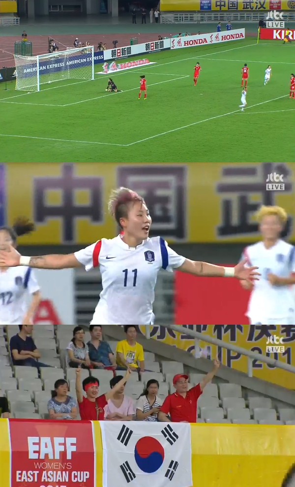 ▲ 중국과의 경기서 첫골을 터뜨리고 환호하는 정설빈ⓒ방송캡쳐