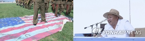 ▲ 북한 군인들이 성조기를 짓밟는 모습을 보고 웃는 김정은. ⓒ 연합뉴스
