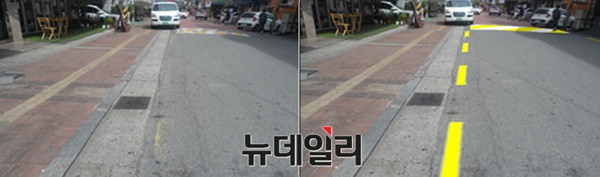 ▲ 어린이보호구역 내 표면표시가 퇴색된 모습(왼쪽). 단기간 내 개선이 가능한 시설의 경우, 연말까지 개선이 이뤄질 것으로 전해졌다. ⓒ 국민안전처 제공