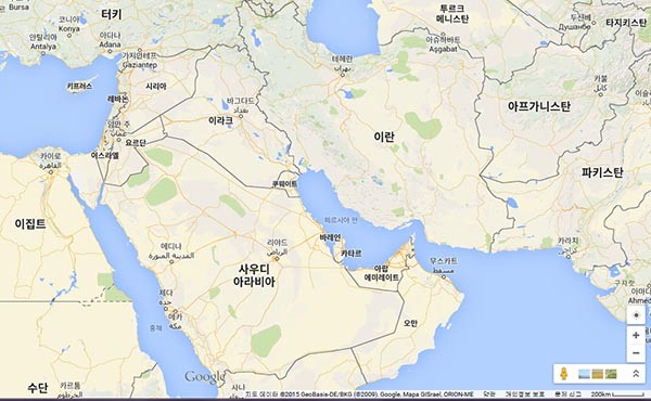 이란과 그 주변국가 지도. 이란 국경지대에서 이스라엘까지의 직선거리는 1,200km가 채 안 된다. ⓒ구글 지도 캡쳐