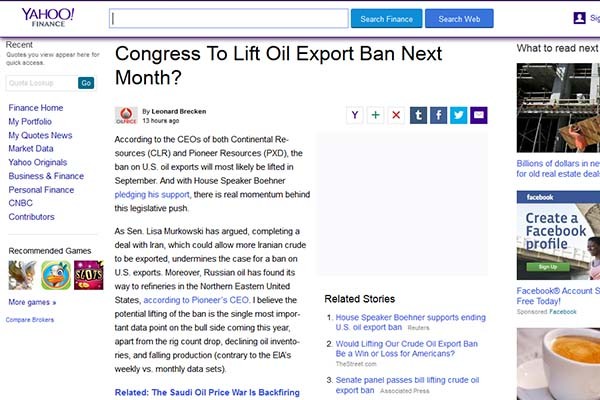 ▲ 美의회가 추진하는 '미국산 석유수출금지 해제'는 미국 내에서도 주목을 끌고 있다. ⓒ야후 파이낸스의 관련보도 캡쳐