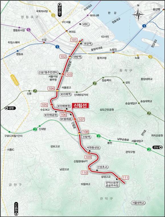 ▲ 여의도와 신림동 고시촌을 잇는 '신림선 경전철'사업이 본격적으로 추진된다.  사진은 신림선 경전철 노선 지도.ⓒ서울시