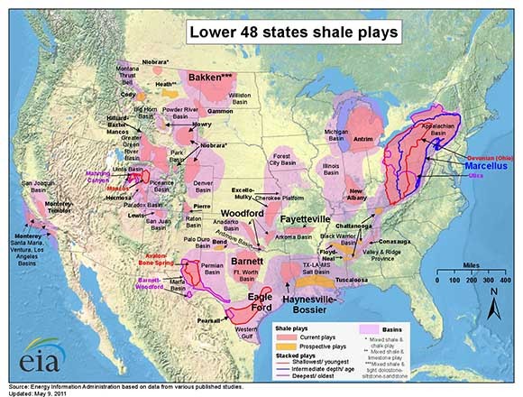 ▲ 2011년까지 美본토에서 발견된 셰일 에너지 매장도. 지금은 더 많은 셰일 석유와 가스가 발견된 상태다. ⓒ美텍사스大 오스틴 캠퍼스 도서관-美에너지정보국 자료