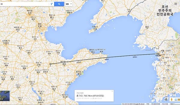 ▲ 폭발사고가 일어난 지점과 인천 사이의 거리. ⓒ구글지도 화면캡쳐