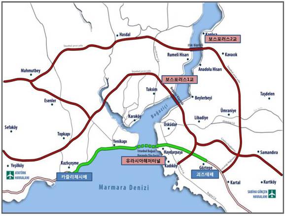 ▲ SK건설이 유럽과 아시아를 가로지르는 보스포루스 해협을 관통했다. 사진은 유라시아해저터널 지도.ⓒSK건설