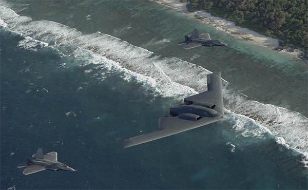 B-2 스텔스 폭격기와 F-22 스텔스 전투기의 편대 비행. 한반도 유사시를 대비해 평소에는 괌, 오키나와에 있었지만 이번 북한 도발 시기에는 없었다. ⓒ유튜브 미군 홍보영상 캡쳐