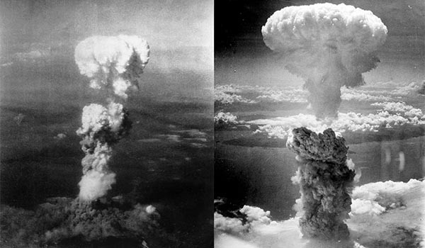 ▲ 1945년 8월 히로시마와 나가사키에 떨어진 원자폭탄 폭발 장면. 일본은 원폭을 맞은 것을 내세워 '피해자'인 척 하지만, 이들이 태평양 전쟁과 일제 침략으로 살해한 사람은 원폭 피해자의 수십 배다. ⓒ위키피디아 공개사진.