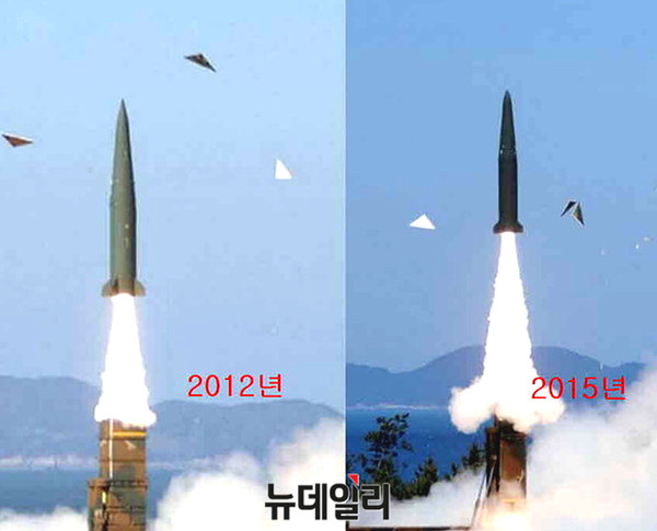 ▲ 2012년 현무II(좌측)와 이번에 공개된 신형 현무 탄도 미사일. ⓒ뉴데일리