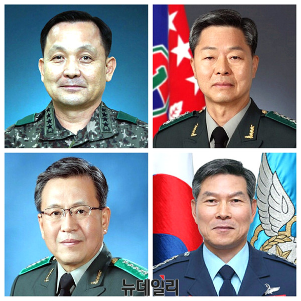 ▲ 왼쪽 위 시계방향으로 합참의장 이순진 육군 대장, 육군참모총장 장준규 육군 대장, 공군참모총장 정경두 공군 중장, 연합사 부사령관 김현집 육군 대장의 모습. ⓒ국방부