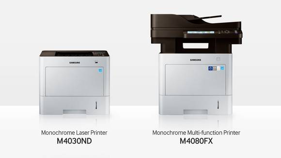 ▲ 삼성 흑백 레이저 프린터 'M4030ND 시리즈'와 흑백 복합기 'M4080FX 시리즈'(왼쪽부터)ⓒ삼성전자