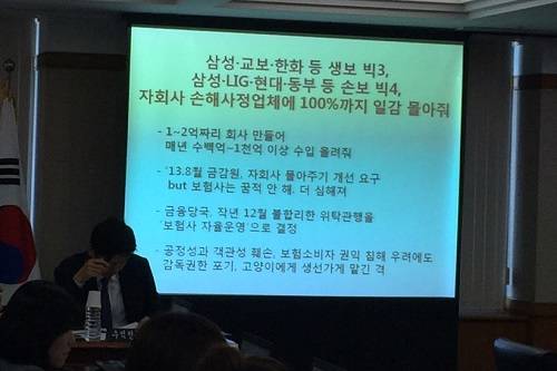 ▲ 김영환(새정치민주연합) 의원은 대형 생보사와 손보사에서 자회사 손해사정업체에게 100%까지 일감을 몰아주고 있어 보험업법 시행령을 통해 규제해야 한다고 지적했다. ⓒ뉴데일리