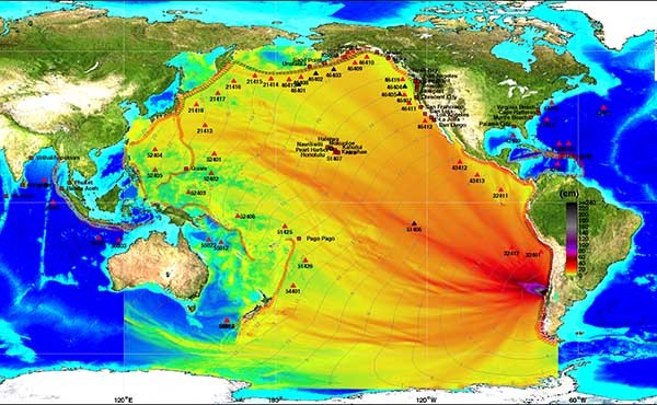 ▲ 2010년 2월 칠레에서 지진이 일어났을 때의 충격파 전달 예상도. 이번 지진의 충격파도 이와 유사할 것으로 보인다. ⓒ美대기해양국(NOAA) 홈페이지 캡쳐