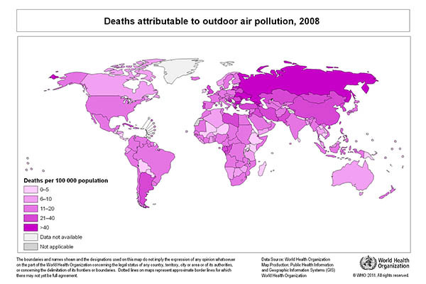▲ 세계보건기구(WHO)가 2008년 말 기준으로 작성한 세계 대기오염 원인 사망률 지도. 한국도 안전하지 않다. ⓒWHO 홈페이지 캡쳐