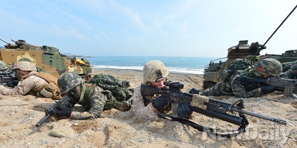 ▲ 포항 독석리 해안 합동상륙작전하는 한미 해병대. ⓒ뉴데일리 정상윤 사진기자