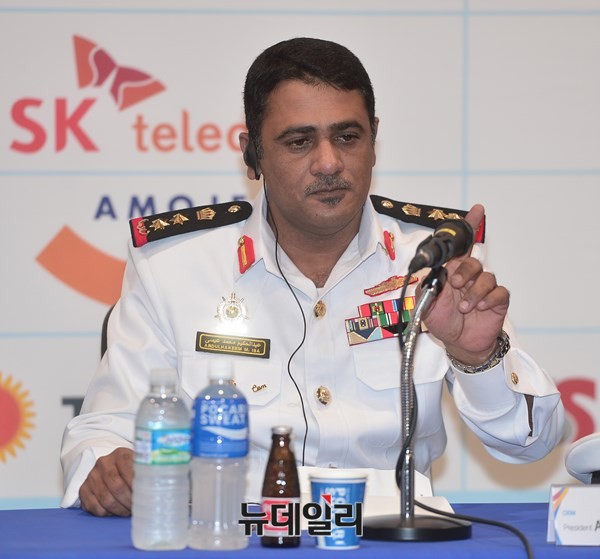 ▲ 하킴 알시노 CISM 회장이 이 1일 오전 경북 문경 국군체육부대에서 열린 대회 미디어 환영식 및 공식 기자회견하는 모습.ⓒ뉴데일리 정상윤 사진기자