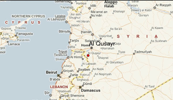 ▲ 시리아 서부 지역 지도. 홈스 아래 빨간 점으로 표시된 곳이 알 쿠사이르다. ⓒ웨더캐스트 닷컴 화면캡쳐