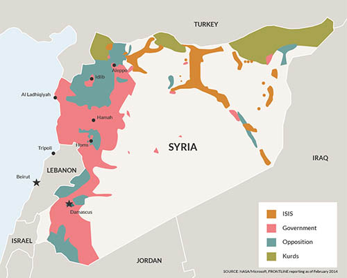 ▲ 2014년 2월 시리아 점령 지도. 지금은 더욱 복잡한 양상을 띠고 있다. ⓒ아메리칸 인터레스트 닷컴 화면캡쳐