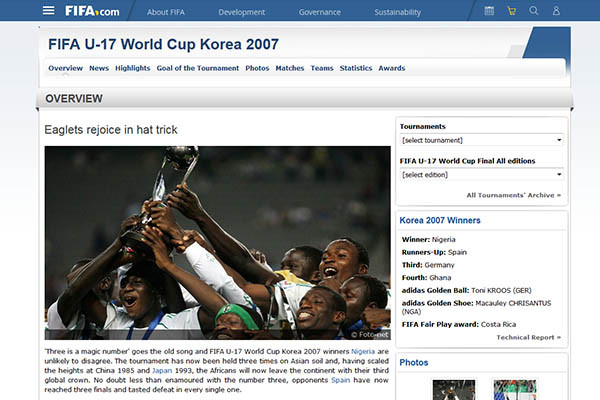 ▲ 2007년 8월 18일부터 한국에서 열린 FIFA의 U-17 월드컵 관련 기록. ⓒFIFA 홈페이지 캡쳐
