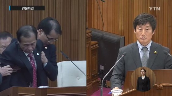 ▲ 최문순 강원도지사가 지난 14일 오후 도의회 본회의장에서 진기엽 도의원의 질의에 제대로 답변하지 못한 채 졸고 있다. ⓒYTN방송화면 캡쳐