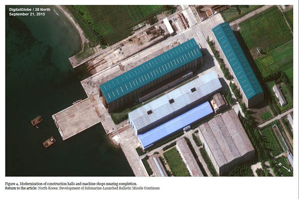 ▲ 조셉 버뮤데즈 박사가 '38노스' 기고문을 통해 공개한 신포 남부 조선소의 신축 건물. 잠수함 개발 및 건조를 위한 시설로 보인다. ⓒ38노스 화면캡쳐