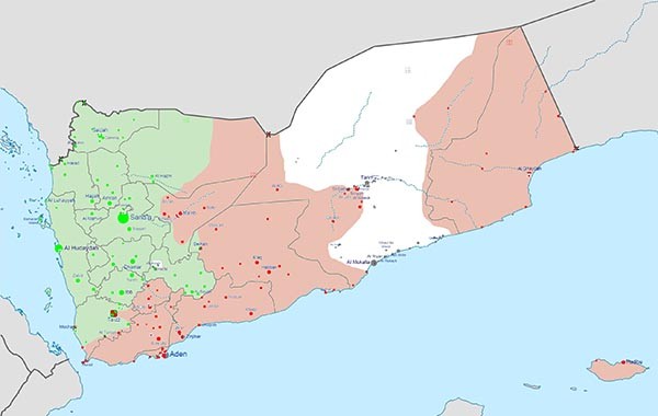 ▲ 왼쪽 초록색이 후티반군 점령지역, 중앙과 맨오른쪽 분홍색이 예멘 정부 점령지역, 가운데 흰색이 AQAP와 ISIS 추종세력 점령지역이다. ⓒ위키피디아 공개사진