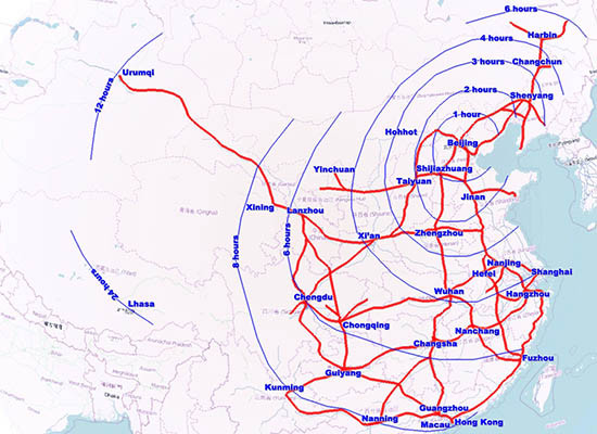 ▲ 중국 고속철도망 지도. 중국의 고속철도망은 총연장 1만 6,000km에 이른다. 중국 철도 총연장은 12만 km다. ⓒ위키피디아 공개사진