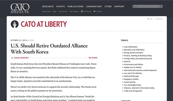 ▲ 지난 21일(현지시간) 카토연구소 홈페이지에 실렸던 더그 밴도 선임연구원의 리포트. ⓒ카토 연구소 홈페이지 캡쳐