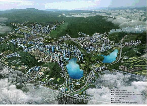 ▲ 신분당선 개통을 4개월 앞둔 광교신도시가 거침없는 집값 상승세를 보이고 있다. 사진은 광교신도시 조감도.ⓒ경기도시공사