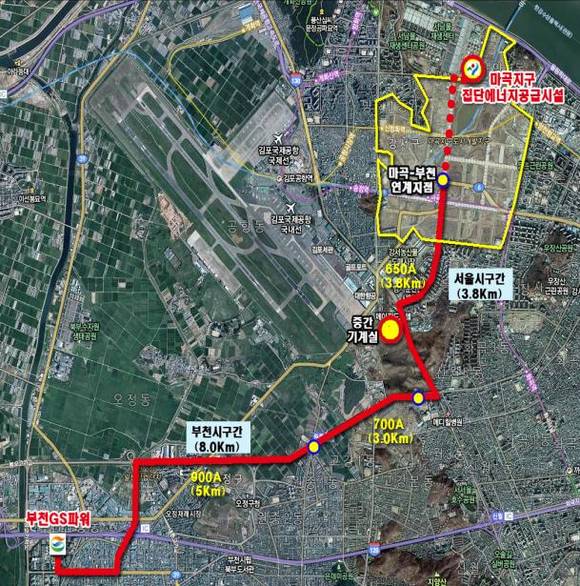 ▲ 서울시가 부천 열병합로를 활용해 마곡 등 강서구 7만5000가구에 지역난방 열을 공급한다. 사진은 GS파워 발전열 연계 배관망도.ⓒ서울시
