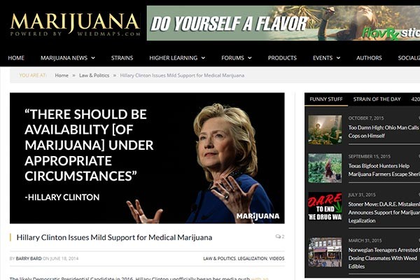▲ 힐러리 클린턴의 '대마초 발언'은 미국 내에서도 관심을 끌고 있다. 사진은 2014년 6월 힐러리가 CNN에 나와 한 발언을 전하는 '대마초 정보 사이트'의 모습. ⓒ마리화나닷컴 화면캡쳐
