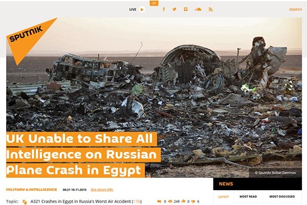 ▲ 영국이 러시아에 여객기 테러 관련 정보를 제공했다는 러시아 스푸트니크 뉴스의 보도 화면. ⓒ러시아 스푸트니크 뉴스 보도화면 캡쳐