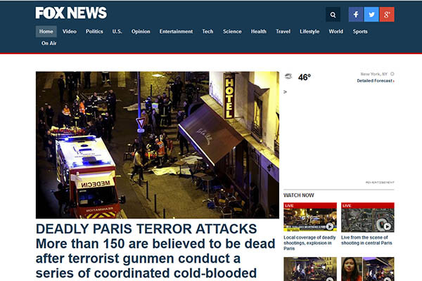 ▲ 13일의 금요일 밤에 일어난 프랑스 파리의 연쇄 테러로 전 세계가 충격과 공포에 빠졌다. 특히 프랑스 여행을 많이 가는 나라는 파리 연쇄 테러를 집중적으로 보도하고 있다. ⓒ美폭스뉴스 홈페이지 캡쳐.