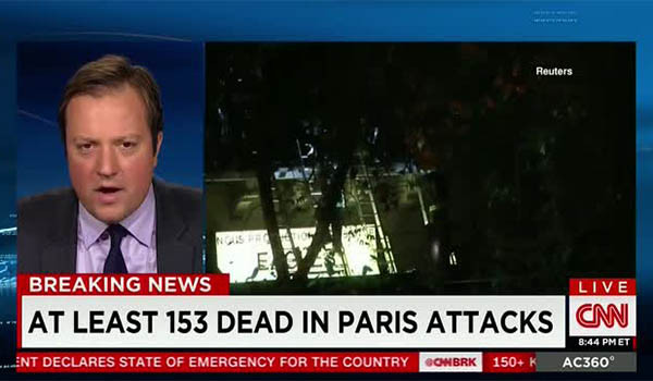 ▲ 지난 13일 금요일 밤부터 14일 새벽까지 파리 연쇄테러가 일어났을 당시 美CNN의 속보화면. 한국 정부의 대책회의는 14일 오전 11시에야 열렸다. 이마저도 국가안보실은 무관심한 듯했다. ⓒ당시 美CNN 속보화면 캡쳐
