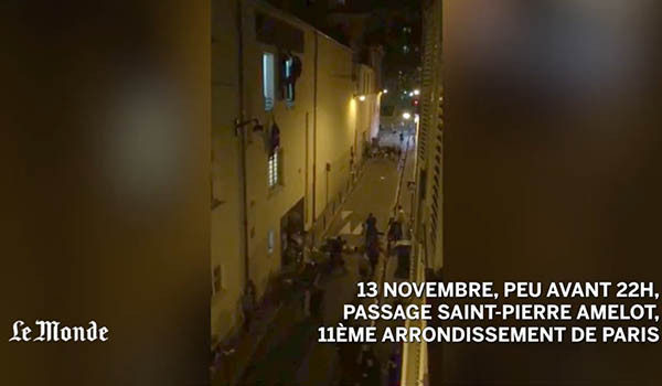 ▲ 프랑스 '르몽드'지가 제보를 받아 공개한, 바타클랑 극장 총격 당시 후문의 모습. 쓰러져 있는 사람들은 도망치다 테러범의 총에 맞아 숨진 사람들이다. ⓒ르몽드 보도화면 캡쳐