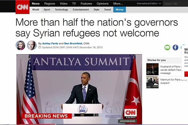버락 오바마 美대통령은 터키 G20정상회의 이후 "시리아 난민을 받아들이겠다"는 뜻을 거듭 밝혔지만, 美국내에서는 이에 대한 반대여론이 급증하고 있다. ⓒ18일 CNN의 관련보도 화면캡쳐