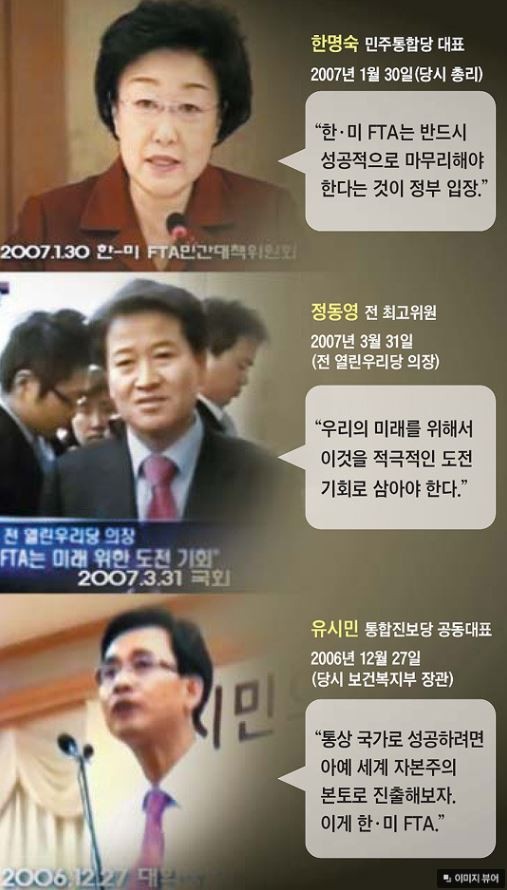 ▲ 야권 주요 인사의 한-미 FTA 관련 과거 발언. ⓒ조선닷컴
