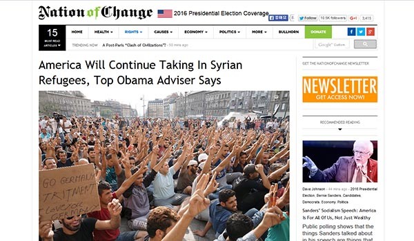 ▲ 공화당 등 美우파 진영은 오바마 대통령의 '시리아 난민 수용정책'에 강하게 반발하고 있다. 사진은 美우파매체 '네이션 오브 체인지'가 오바마의 난민정책을 비난한 기사. ⓒ네이션 오브 체인지 화면캡쳐
