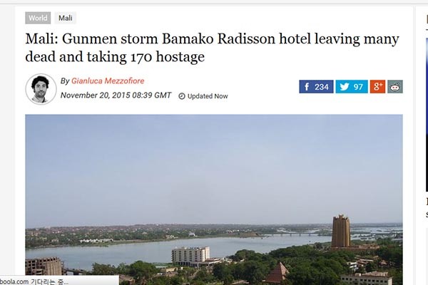 ▲ 20일(현지시간) 서아프리카 말리 수도에서 테러조직으로 추정되는 무장세력이 인질극을 벌이고 있다. ⓒ인터내셔널 비즈니스 타임스 속보화면 캡쳐.