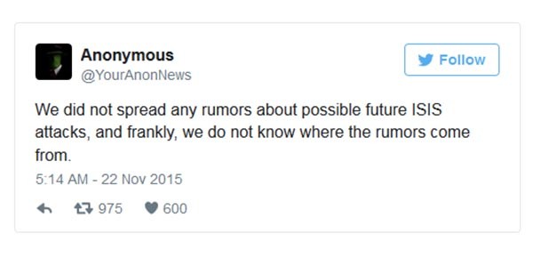 ▲ 해커 그룹 '어나니머스'는 자신들은 대쉬(ISIS)의 22일 동시다발 테러에 대해 언급한 적이 없다고 밝혔다. ⓒ어나니머스 관련 트위터 캡쳐