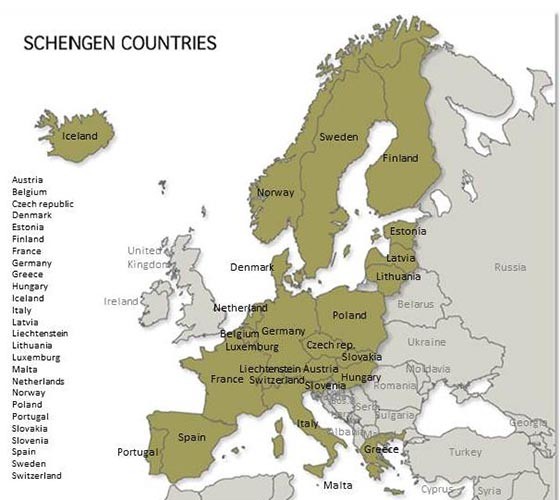 ▲ 자유로운 통행권을 보장하는 '솅겐 조약' 가입국들. EU 회원국 대부분이 포함돼 있다. ⓒ슬로바키아 내무부 홈페이지.
