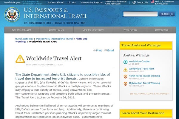 지난 23일(현지시간) 美국무부가 전 세계에 대한 여행경보를 발령했다. ⓒ美국무부 여행경보 홈페이지 캡쳐
