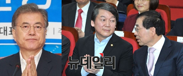 ▲ 새정치연합 문재인 대표(왼쪽)가 지난 18일 조선대에서 연대를 제안한 안철수 전 대표(가운데)와 박원순 서울시장(오른쪽). ⓒ뉴데일리